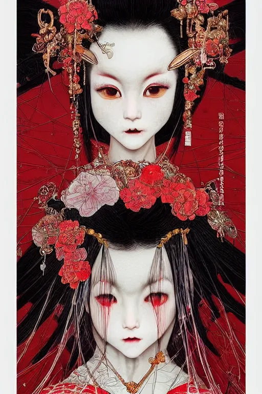 Prompt: emaciated japanese bjd geisha in victorian red dress in the style of dark - fantasy rorita fashion painted by yoshitaka amano, takato yamamoto, james jean, dmt art, symmetrical vogue face portrait, volumetrics, intricate detail, artstation, cgsociety, artgerm, gold skulls, rococo