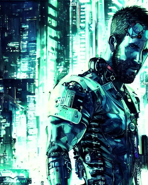 Prompt: epic portrait of cyberpunk ryan reynolds by yoji shinkawa