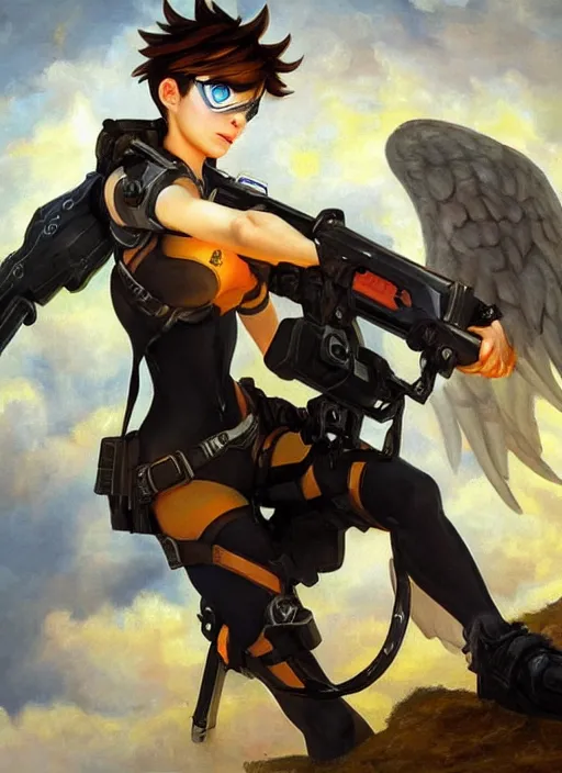 Image similar to oil painting of tracer overwatch in the style of sophie anderson, on knees, angel wings, black outfit, dramatic painting,