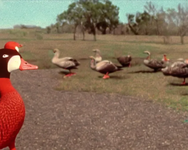 Image similar to a movie still from 'A Goose Set my House on Fire', 40mm tape, technicolour film, goose!!!!!, letterboxing, widescreen