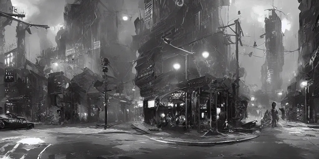 Image similar to Noir club design, Greg Rutkowski, Frank Frazetta, Kim Jung Gi, trending on Artstation, 8K, ultra wide angle, establishing shot, pincushion lens effect, zenith view