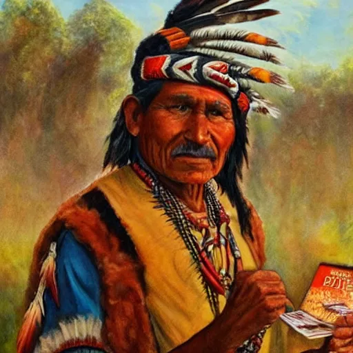 Prompt: a painting of a native american chief selling his bitcoin, in traditional dress, by atrgerm