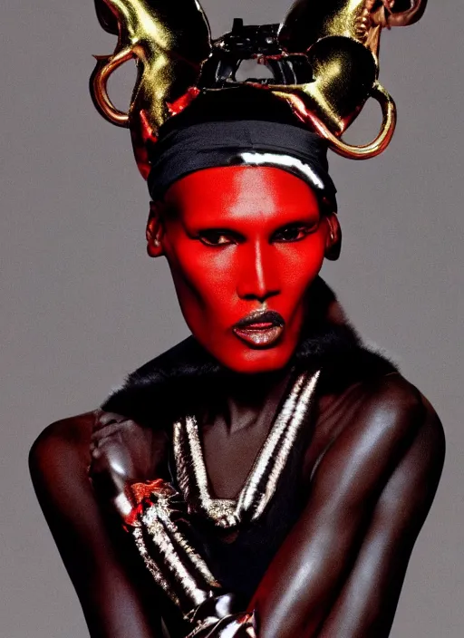 Image similar to grace jones styled by nick knight posing set pieces, intricate set, vogue magazine, canon, highly realistic. high resolution. highly detailed. dramatic. 8 k. 4 k.