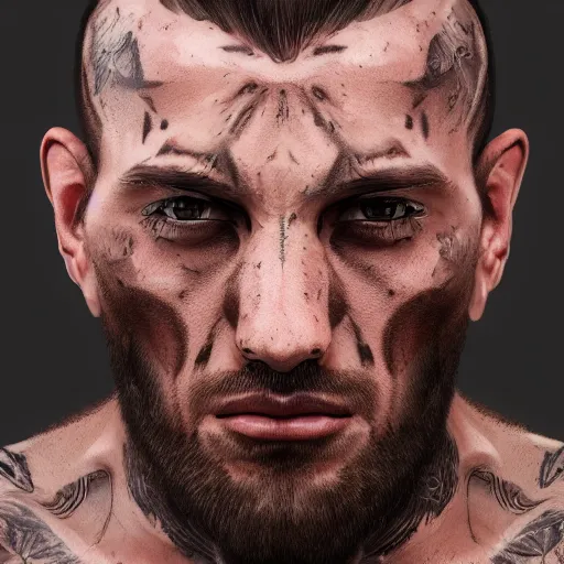 Prompt: a detailed full body portrait of a face tattoed man, digital concept art illustration, incredibly detailed and realistic, 8 k, sharp focus