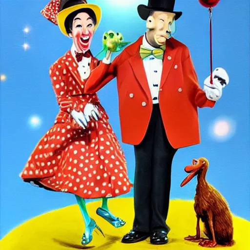 Prompt: beautiful lifelike painting of peewee herman partying with mary poppins on pluto, hyperreal detailed facial features and uv lighting, art by ed roth and basil wolverton