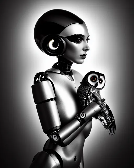 Image similar to surreal mythical dreamy dark artistic black and white fine art 3 / 4 portrait photo of a young delicate female robot with orchid - owl face, rim light, cinematic, studio dramatic light, poetic, octane render, 8 k, photo - realistic by hg giger