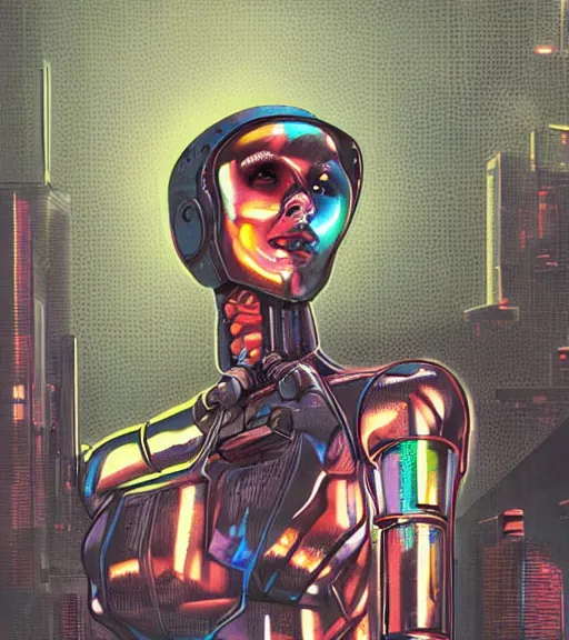 Image similar to robot woman with a hologram for a head, at a cyberpunk market, techwear, dead space, visible face, Industrial Scifi, detailed illustration, character portrait, by Martin Grip and Moebius