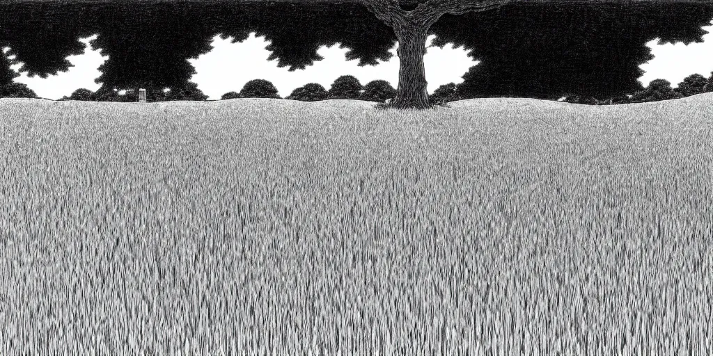 Prompt: a peaceful meadow, black and white manga panel, makoto yukimura, naoki urasawa fantasy