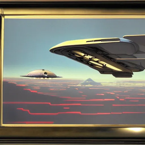 Prompt: spaceship flying over epic sci - fi landscape, painting by ralph mcquarrie