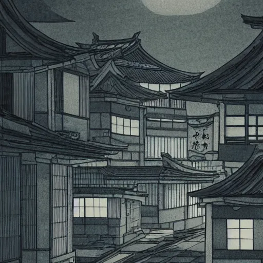 Image similar to a beautiful ink painting of buildings in japanese traditional style, in the style of hiroshi yoshida, at night, light effect, detailed, high - definition, exquisite isolated very detailed, moody lighting, 8 k highly detailed, trending on artstation