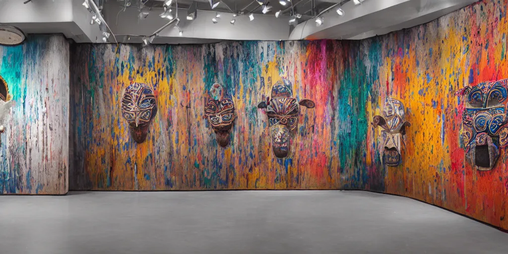 Image similar to A hyper realistic photography of an exhibition space with indigenous masks and dripping colors on the wall