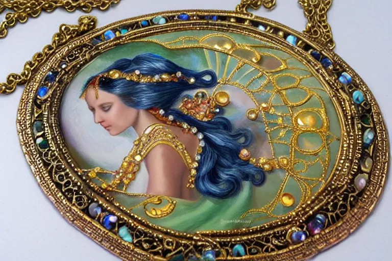 Prompt: highly detailed oil painting, necklace shown from north to south, very realistic gemstones, art nouveau, ornate, delicate, brilliant precious gemstones necklace, dramatic light,