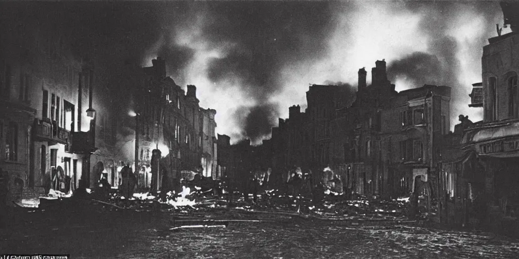 Image similar to a colour photo taken at night of saint - malo street on fire after a bombing in 1 9 4 5