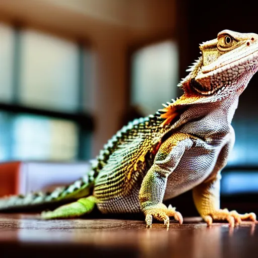 Prompt: a bearded dragon standing up, wearing a suit and tie in a restaurant, with his hands together