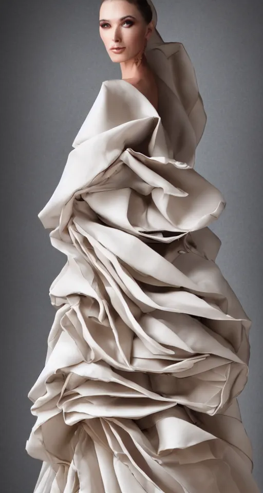 Image similar to haute couture, fold layered flutter, heavy fabric full piece, volume aesthetic, romantic and light tones scheme, sigma 8 5 mm f _ 8, high detail