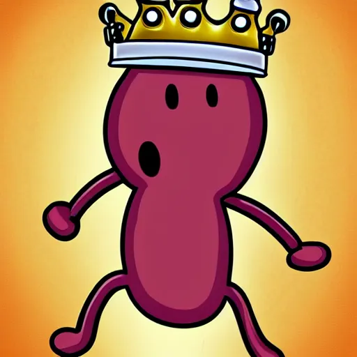 Image similar to kidney bean holding a staff, wearing crown, cartoon character, digital art, fun,