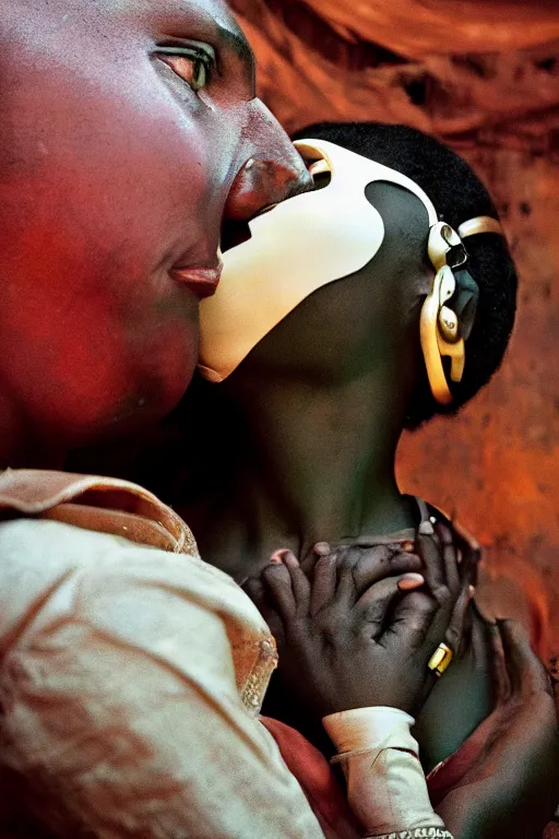 Image similar to a spectacular wideangle detailed closeup colorchrome portrait photo, of a white robot kissing a african woman, beautiful low light , style Steve McCurry