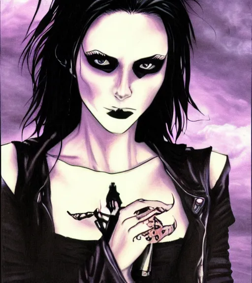 Image similar to A portrait of the character, Death, a young Goth girl wearing a black vest, Vertigo Comics, The Sandman written by Neil Gaiman, against a stormy purple sky