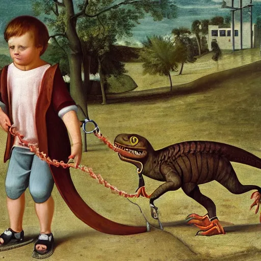 Prompt: a kid at the park walking a velociraptor with a leash, renaissance oil painting