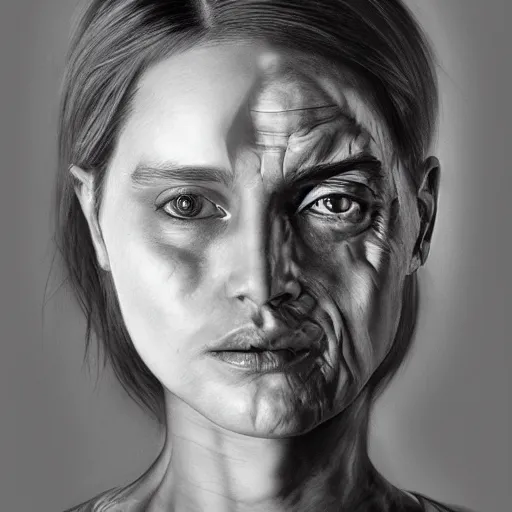 Prompt: a man and a woman, face blending together!!!!!!, photorealistic art style, charcoal drawing by richard mortensen, matte drawing, hyper realism, zbrush, mannerism