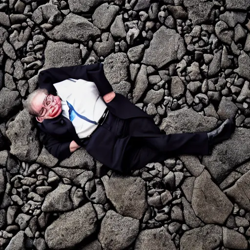 Prompt: stephen hawking laying on rocks, photography, 8 k,