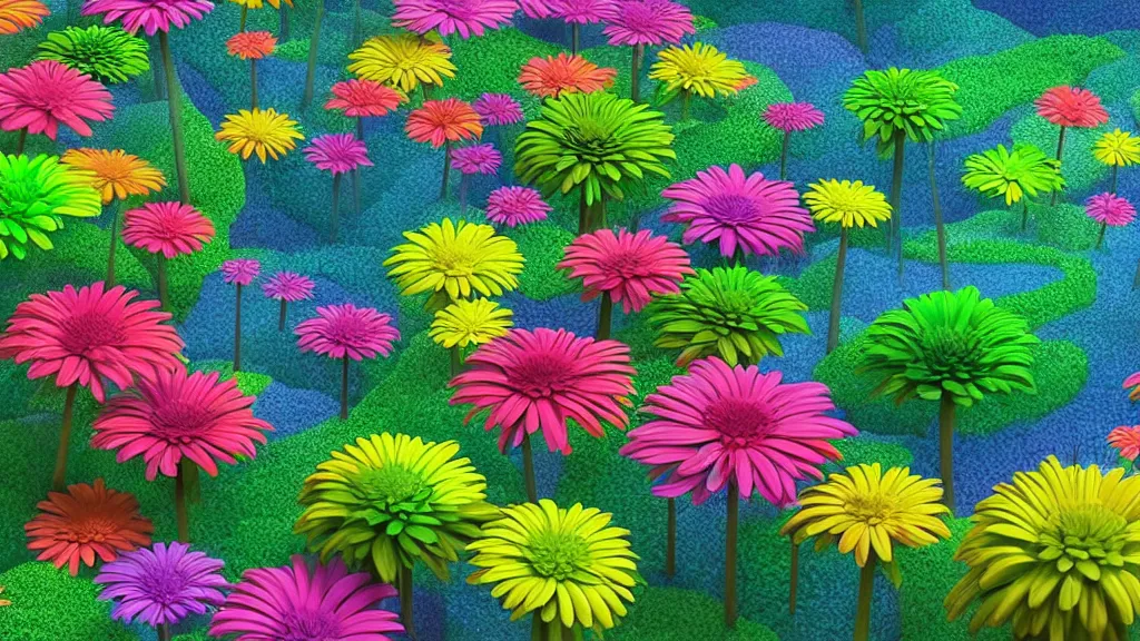 Image similar to digital illustration of a forest of giant multi - colored gerber daisy megaflowers by dr. seuss, reimagined by ilm and beeple : 1 | megaflora, spectral color, electric color, rolling hills : 0. 9 | fantasy : 0. 9 | unreal engine, deviantart, artstation, hd, 8 k resolution : 0. 8