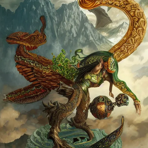 Image similar to quetzalcoatl in an epic battle with garuda, fantasy, d & d, intricate, elegant, highly detailed, digital painting, artstation, concept art, matte, sharp focus, illustration, art by john collier and albert aublet and krenz cushart and artem demura and alphonse mucha