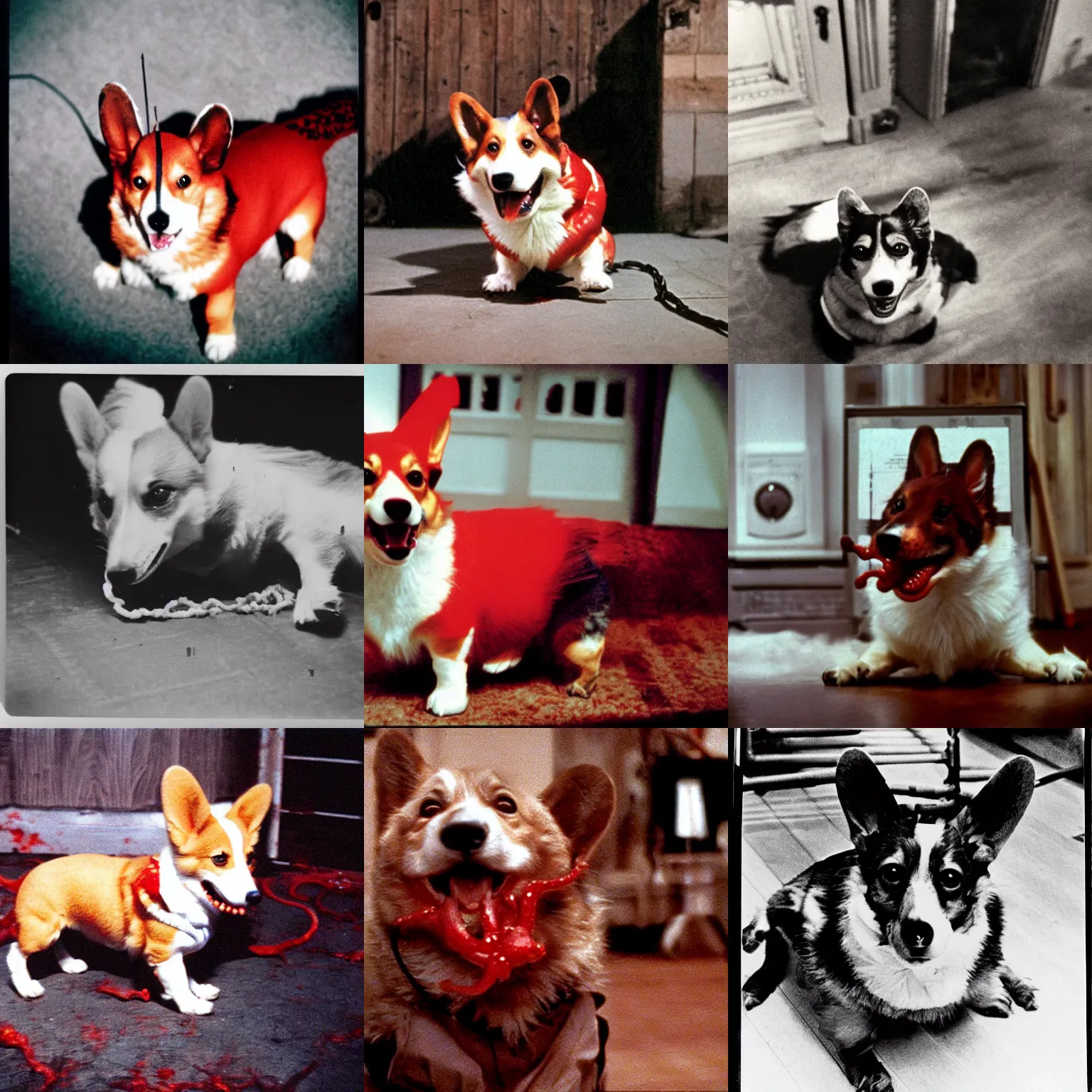 Prompt: dutch angle movie 3 5 mm film photograph of a dangerous horror corgi with red bloody tentacles, blood drenched, in the style of the thing, 1 9 8 2 horror film, old photography, polaroid