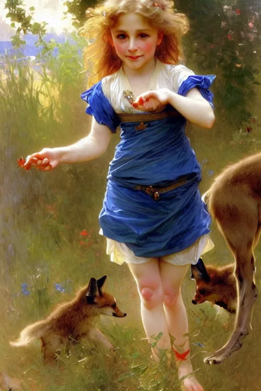 Image similar to a seven - year old with curly dirty blonde hair, blue eyes, tan skin playing with foxes, painting by daniel gerhartz, alphonse mucha, bouguereau, detailed art, artstation