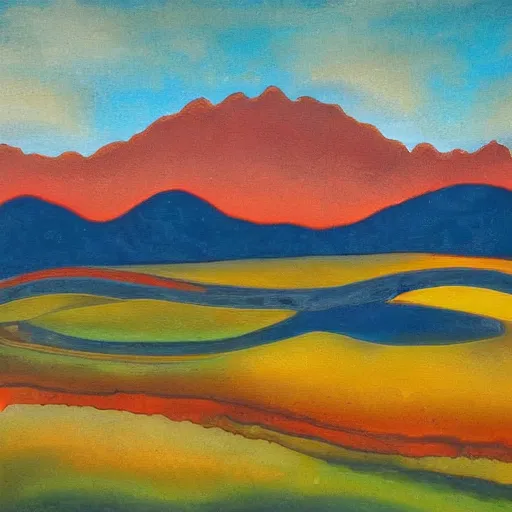 Image similar to A wild modernist landscape painting. Wild energy patterns rippling in all directions. Curves, organic. Saturated color. Mountains. Clouds. Textured surface. Rushing water.