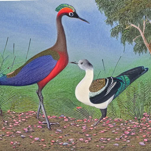 Prompt: beautiful colored pencil drawing of himalayan monal ( lophophorus impejanus ) walking near the great tit ( parus major ) in the flower field, high details