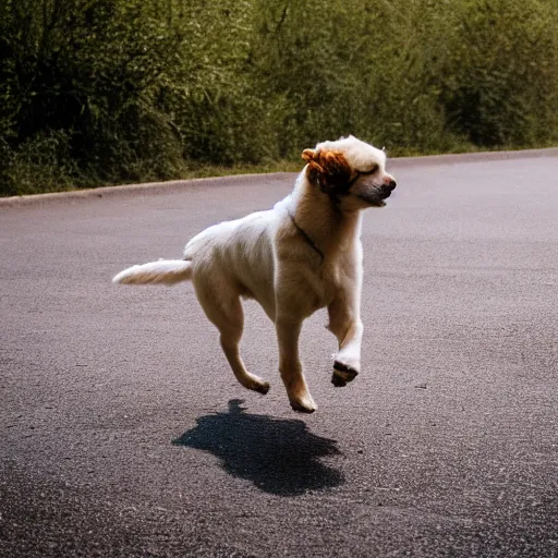 Prompt: high quality photo of a dog walking on two legs, artistic