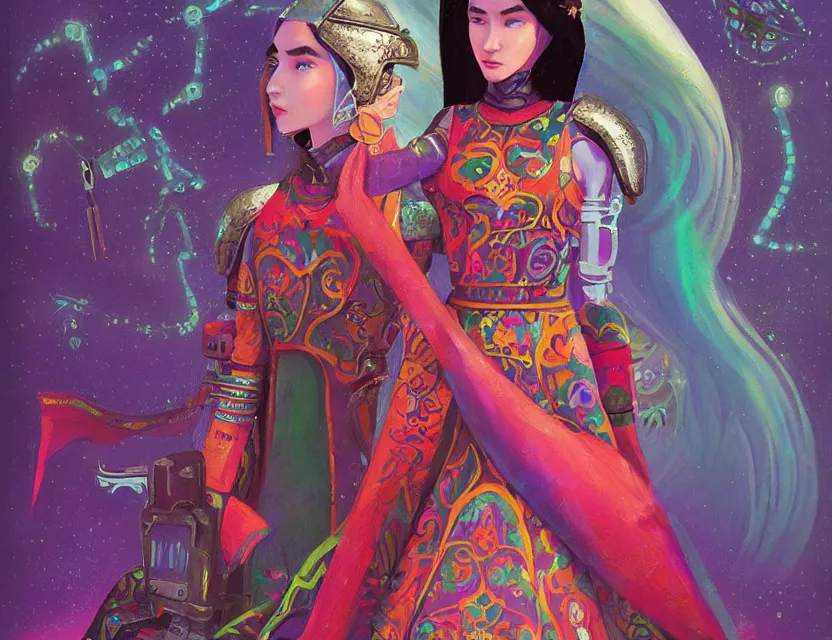 Prompt: central asian scifi princess of the steppe, wearing a lovely dress with cyberpunk details. this oil painting by the beloved children's book author has an interesting color scheme and impeccable lighting.