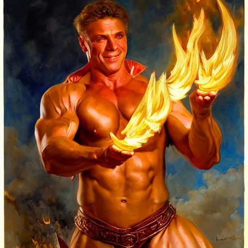 Image similar to stunning male bodybuilder master wizard casting fire spell, highly detailed painting by gaston bussiere, craig mullins, j. c. leyendecker, 8 k