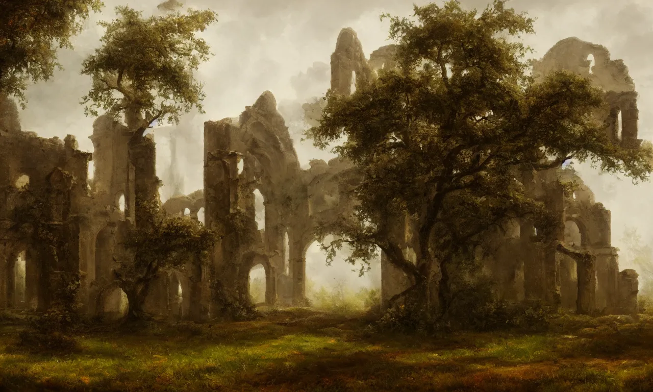 Prompt: a very detailed oil painting of the ruins of a Romanesque monastery, some trees in the background, foggy, artstation, 8k, by Joseph Anton Koch