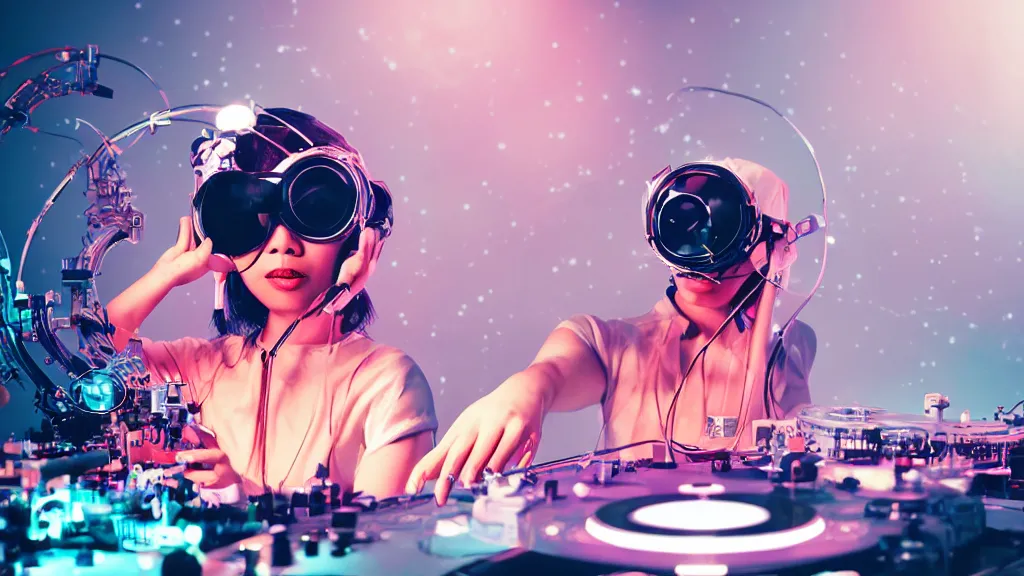 Image similar to an asian woman wearing goggles and visor and headphones using an intricate clockwork record player turntable contraption, robot arms, turntablism dj scratching, intricate planetary gears, smoky atmosphere, cinematic, sharp focus, led light strips, bokeh, iridescent, black light, fog machine, hazy, lasers, spotlights, motion blur, color