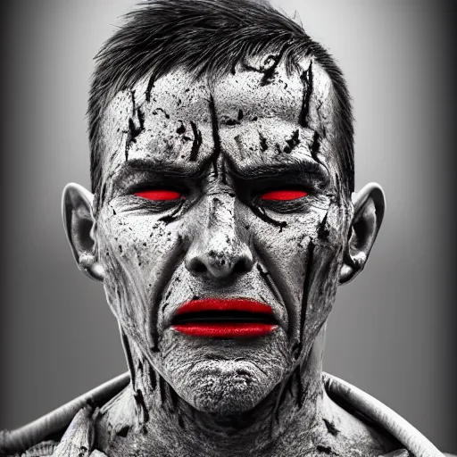 Prompt: portrait of a 5 0 year old soldier with vertical grooves on his nose, angular eyebrows, wearing blood - spattered glossy sleek white dinged scuffed armor and a long torn red cape, heroic posture, battle - weary, strained expression, determined expression, no helmet, on the surface of mars, dramatic lighting, cinematic, sci - fi, hyperrealistic, detailed
