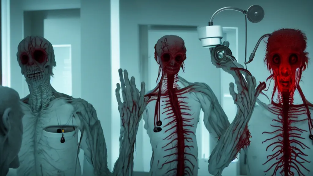 Image similar to the creature at the doctor's office, made of glowing wax and blood, they look use a stethoscope, film still from the movie directed by denis villeneuve and david cronenberg with art direction by salvador dali, wide lens