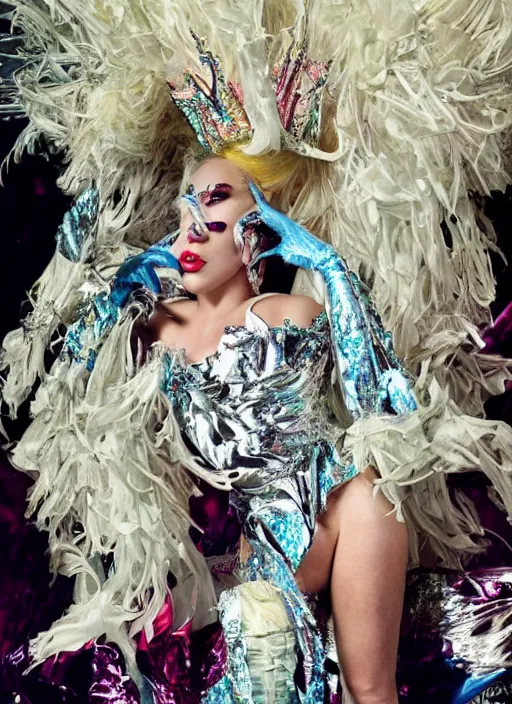 Image similar to lady gaga styled by david lachapelle posing in an expensive mansion setting , vogue magazine, Highly realistic. High resolution. Highly detailed. Dramatic. 8k.4k.