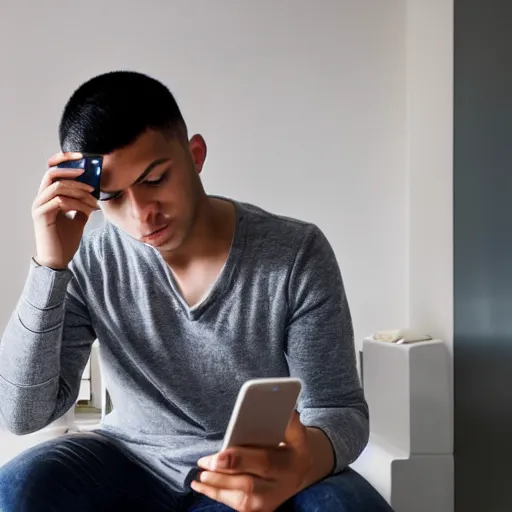 Prompt: a thoughtful young man sitting on a white marble toilet attentively staring at his smartphone, distant thoughtful look, modern apartment renaissance style