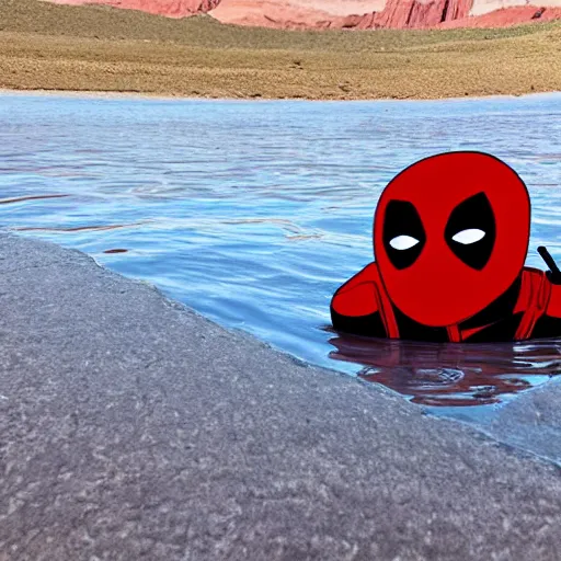 Image similar to deadpool sticking his head out of empty drained lake mead