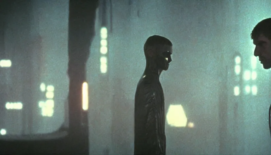 Image similar to screen shot of blade runner, astronaut priest talking to god, ambient lighting, cinematic, epic, demonic