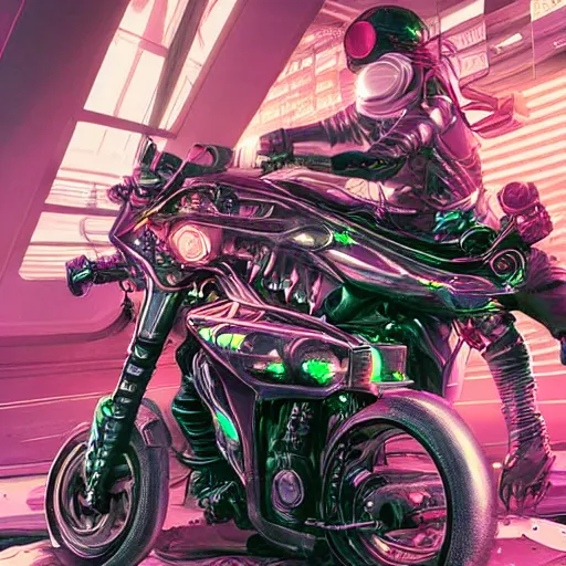 Image similar to cyberpunk acid trip on a futuristic motorcycle, hyper detailed, digital art, trending in artstation, cinematic lighting, studio quality.