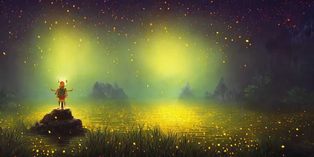 Prompt: a beautiful painting of thousands of fireflies glow in the forests, chinese ancient architecture, lake, underwater photography, quiet ， trending on artstation, 8 k, light effcet,, rtx on, breath of the wild, beeple and studio ghibli style ， ultrawide shot ， cinematic light