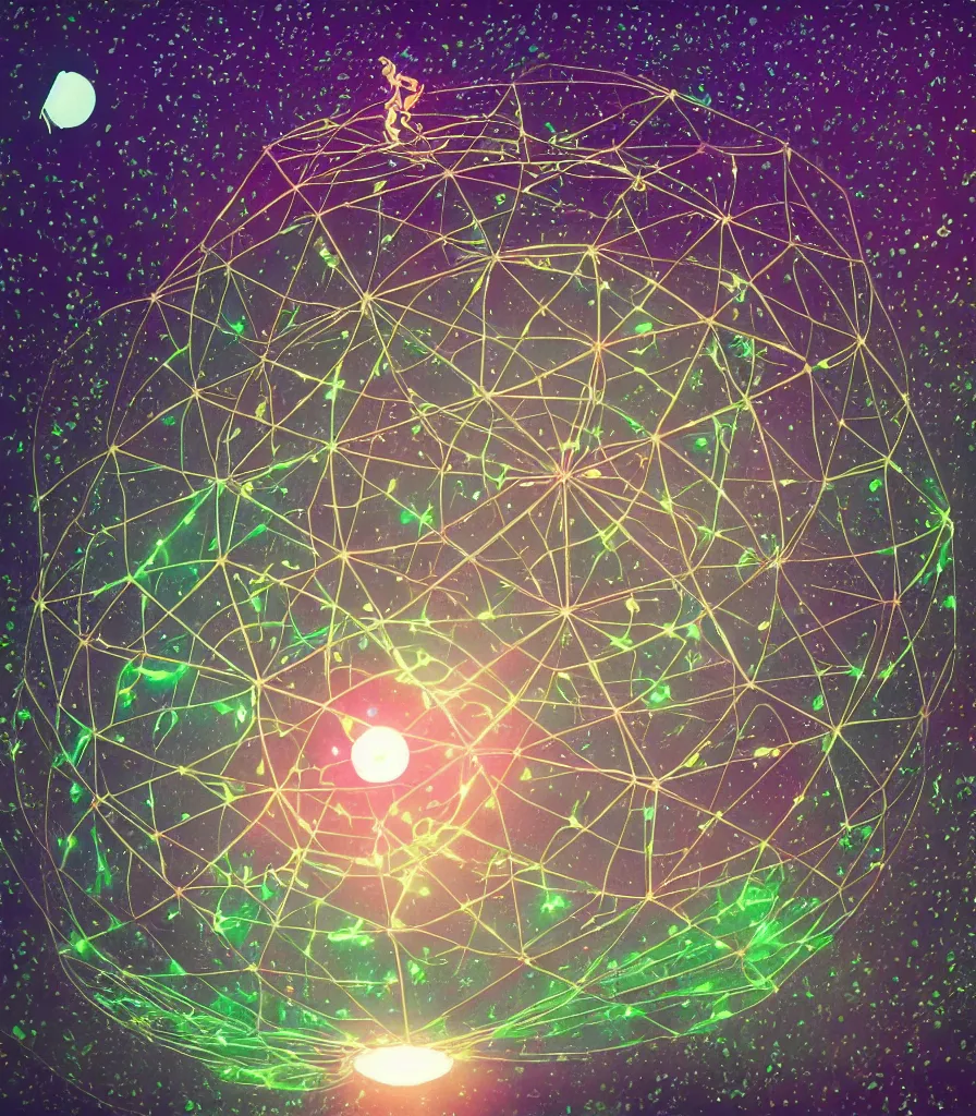 Image similar to brilliant alien geodesic saucer with glowing colorful lights flying through a foggy forest, leaving a light trail, windy flying leaves,scientific illustration by Ernst Haekel, Hayao Miyazaki, Buckminster Fuller, Salvador Dalí, Mark Magiori, color illustration with orthographic views