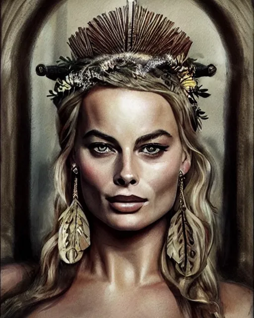 Image similar to realism tattoo sketch of margot robbie as a beautiful greek goddess aphrodite with piercing eyes wearing a laurel wreath and triangle earrings, in the style of greg rutkowski, amazing detail