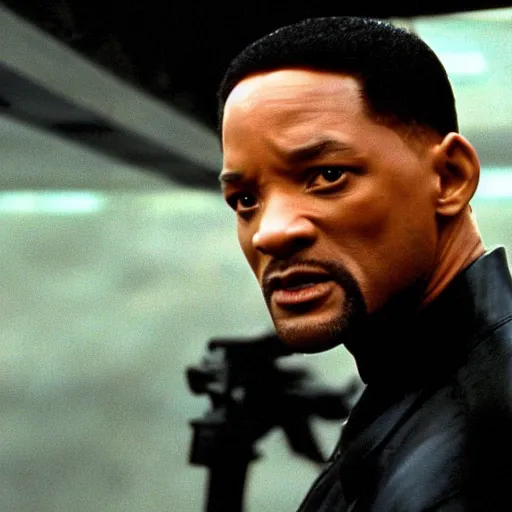 Image similar to film still of Will Smith as Neo in the construct with the gun racks in The Matrix 1999