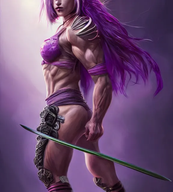 Image similar to muscular female warrior holding hilt of katana, perfect face, diadem, detailed neon tattoos, black halter top, purple hair, abs, cinematic, blush, stunning, athletic, strong, agile, highly detailed, psychedelic, digital painting, artstation, smooth, hard focus, illustration, art by jessica rossier and and brian froud