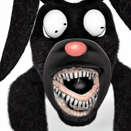 Image similar to A extremely highly detailed majestic hi-res beautiful, highly detailed head and shoulders portrait of a scary terrifying, horrifying, creepy black cartoon rabbit with scary big eyes, earing a shirt laughing, hey buddy ole pal, let's be friends, in the style of Walt Disney