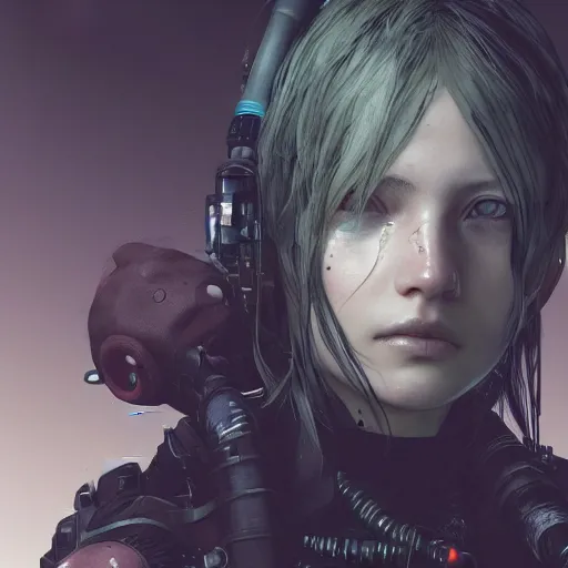 Image similar to highly detailed portrait of a post-cyberpunk young lady by Akihiko Yoshida, Greg Tocchini, 4k resolution, death stranding inspired, fragile